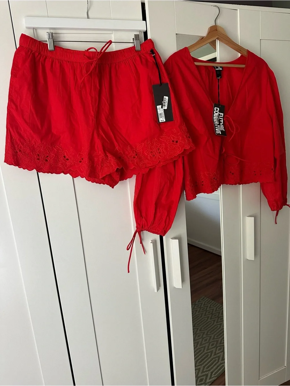 Future Collective Red Eyelet Shorts & Matching V-Neck Tie Front Top Matching Set